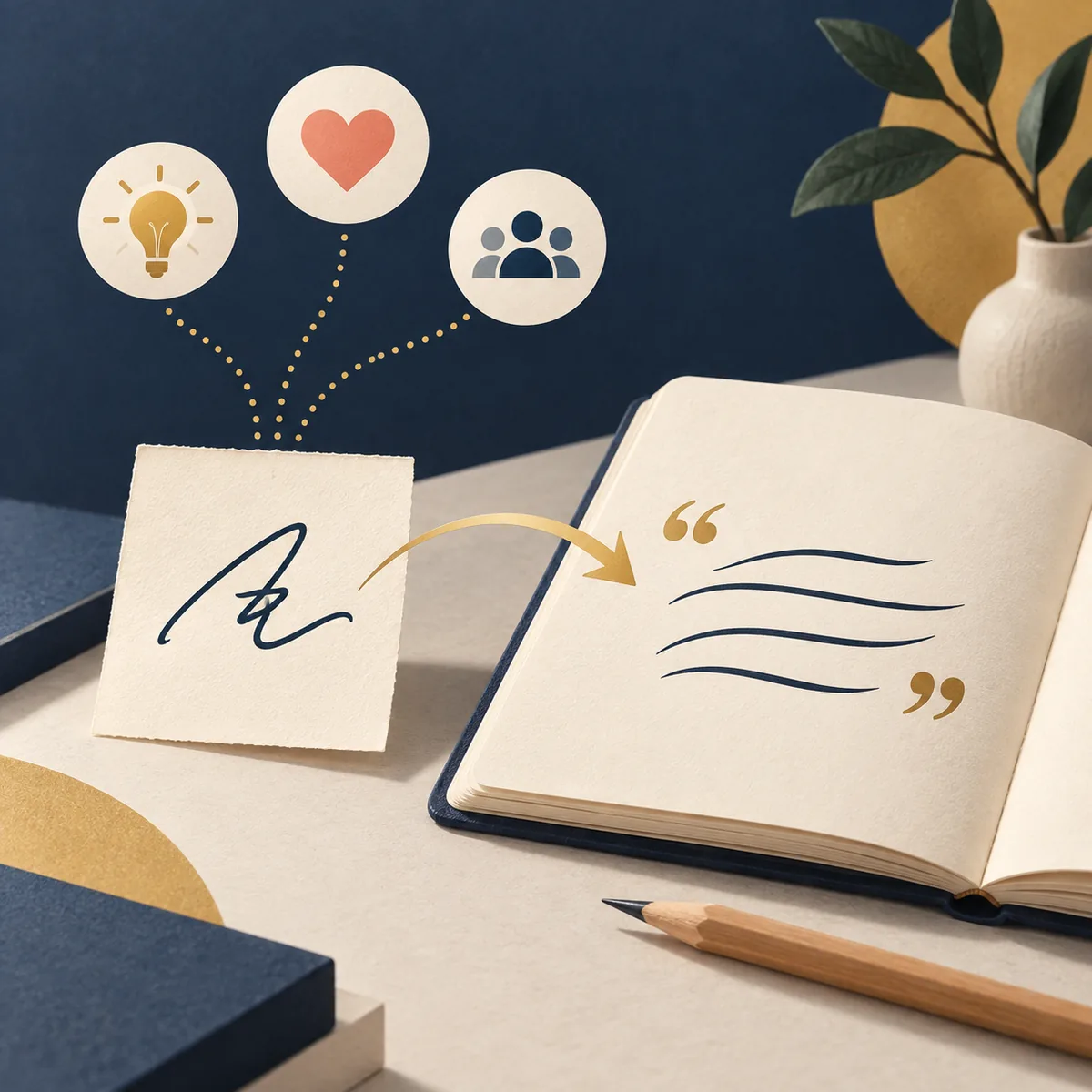 Uma ideia simples se transforma em uma citação original em um caderno aberto